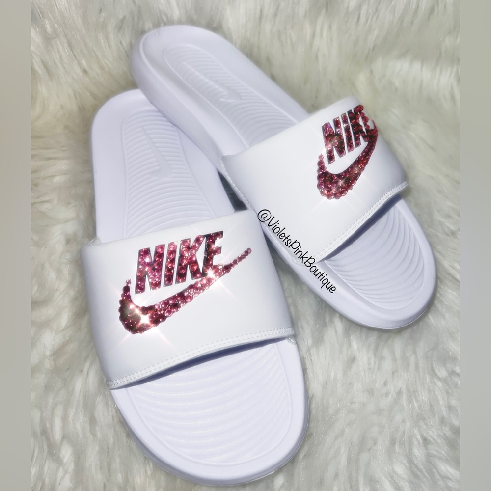 Women’s Custom Slides With Pink Swarovski crystal Nike White Slides